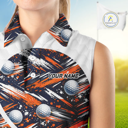 Womens Sleeveless Golf Polo Shirts Custom Black And Orange Golf Ball Pattern Golf Attire For Ladies, Golfer Gifts NBT573