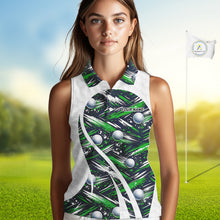 Load image into Gallery viewer, Womens Sleeveless Golf Polo Shirts Custom Black And Green Golf Ball Pattern Golf Attire For Ladies, Golfer Gifts NBT574