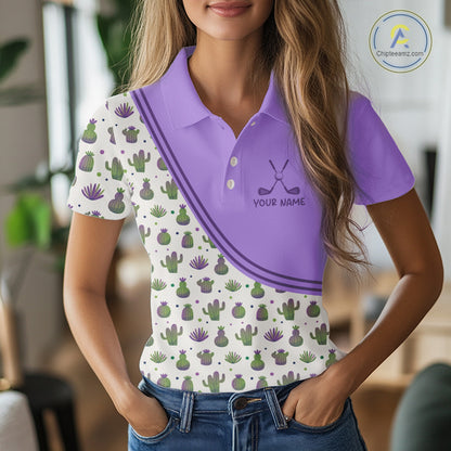 Personalized Funny Purple Cactus Pattern Womens Golf Polo Shirts Custom Cactus Golf Shirt, Golfer Gifts  NBT707