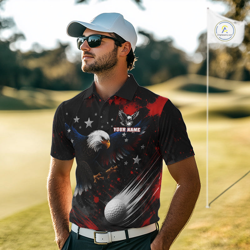 Man wearing a Red white blue American flag eagle mens golf polo shirt patriotic design with custom name on the chest, standing on a golf course