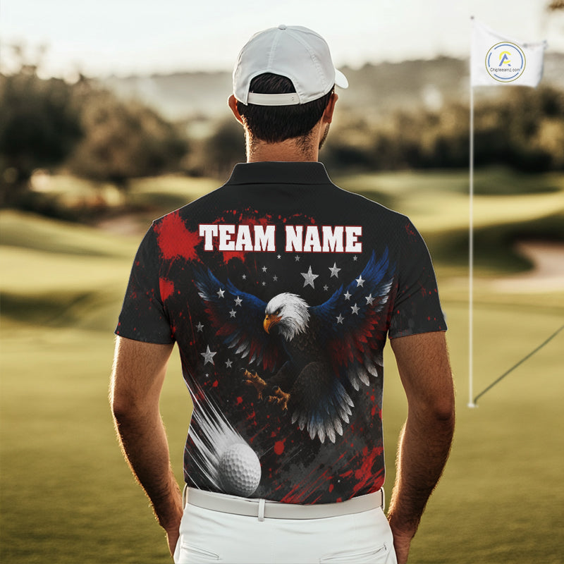 Man wearing a Red white blue American flag eagle mens golf polo shirt patriotic design with custom team name on the back, standing on a golf course