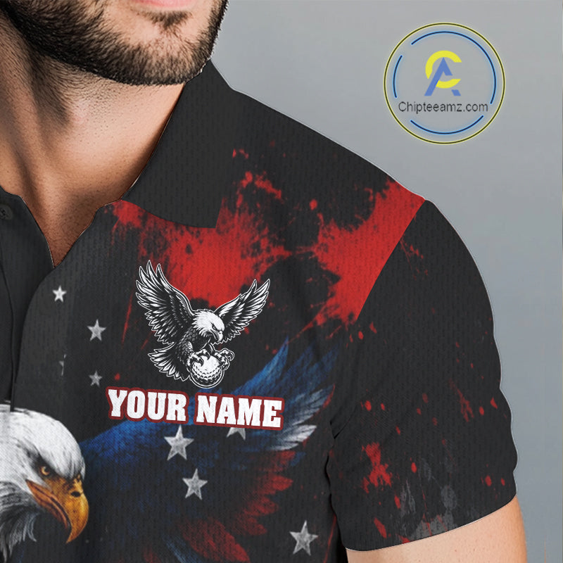 Close-up of American flag eagle graphic on mens golf polo shirt