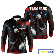 Load image into Gallery viewer, Front and back view of Red White Blue American flag eagle mens long sleeve golf polo shirt with personalized name