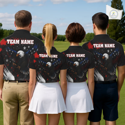 Four people wearing matching polo shirts with American flag eagle designs with custom team name on the back, standing on a golf course.