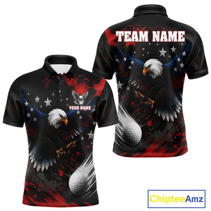 Front and back view of Red White Blue American flag eagle mens golf polo shirt with personalized name