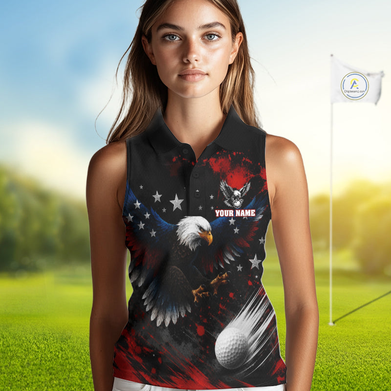 Woman wearing custom sleeveless golf polo with American Flag Eagle - patriotic golf outfit