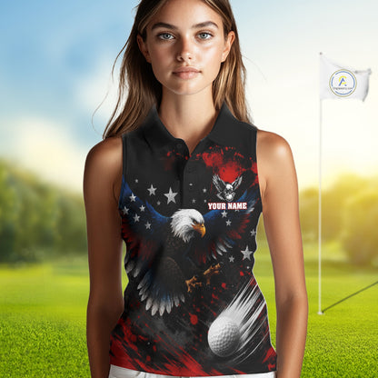 Woman wearing custom sleeveless golf polo with American Flag Eagle - patriotic golf outfit