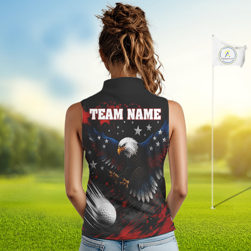 Back view sleeveless women golf polo with USA flag eagle - custom team name on the back