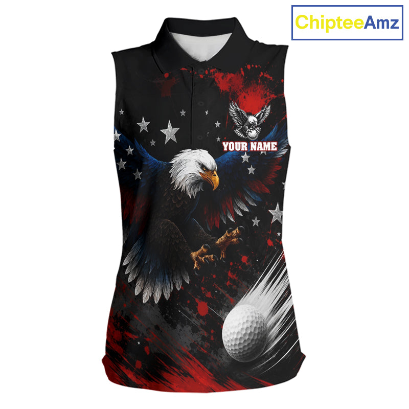 Sleeveless women golf polo with American Flag Eagle design - red white blue front view