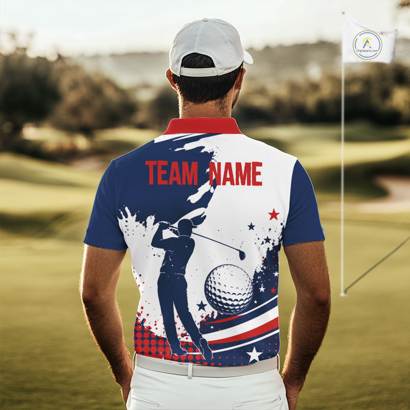 Man wearing a American flag patriotic graphic on mens white golf polo shirt with team name on the back.