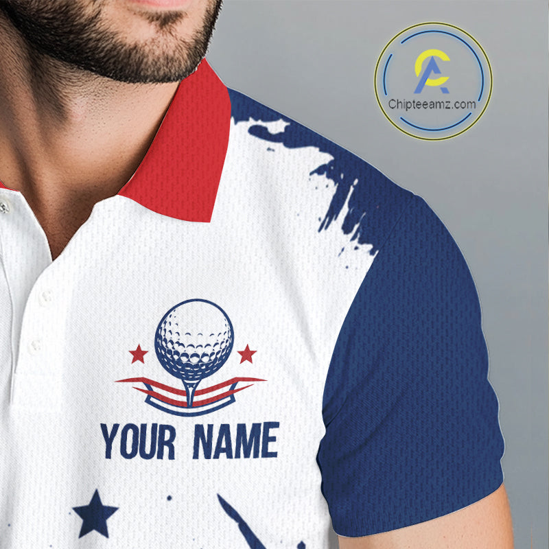 Close-up of American flag patriotic graphic on mens white golf polo shirt with golf ball logo and custom name on the chest