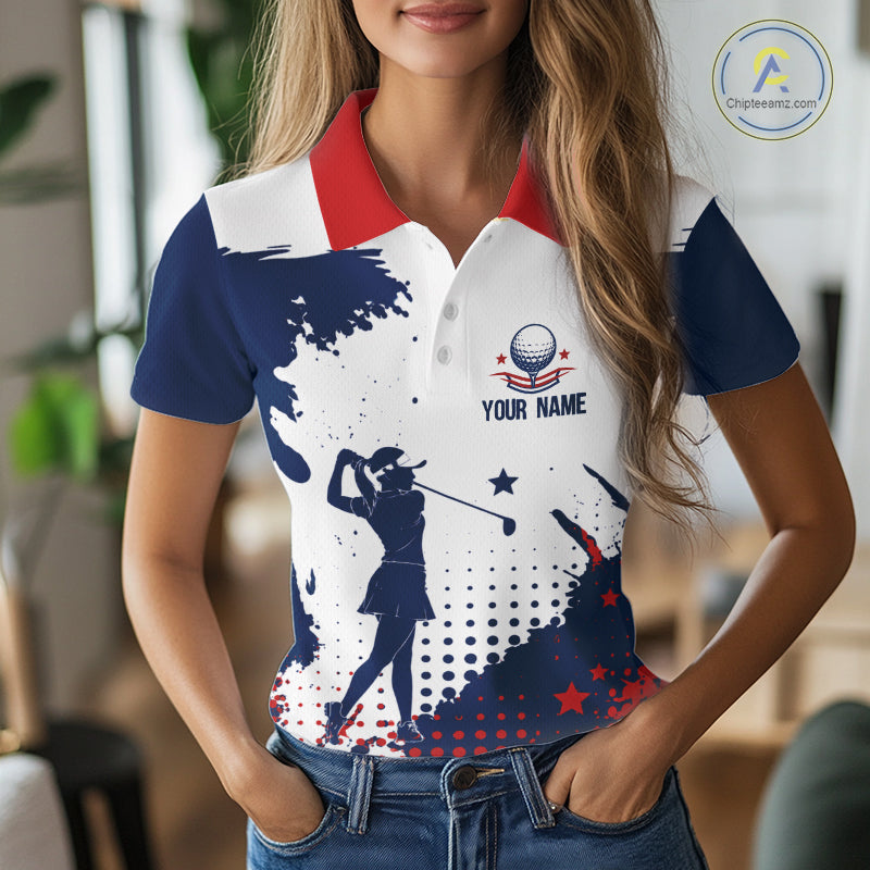 Woman wearing American flag patriotic custom name white golf shirt with custom name on the chest