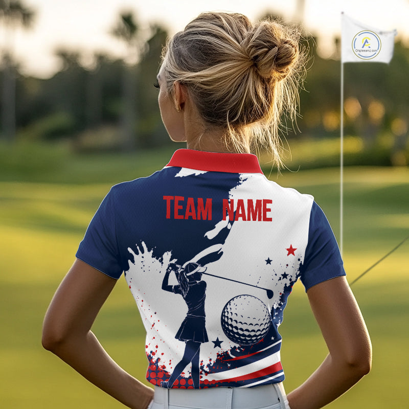 Woman on a golf course wearing a American flag patriotic custom name white golf shirt with 'TEAM NAME' on the back.