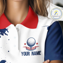 Load image into Gallery viewer, Close-up of American flag patriotic graphic on womens white golf polo shirt