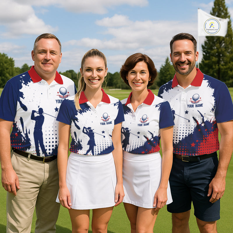 Four people in American flag patriotic graphic white golf polo shirt on a golf course.