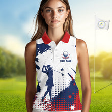 Load image into Gallery viewer, Womens Sleeveless Golf Polo Shirt American Flag Patriotic Custom Name White Golf Shirt, Golf Gift NBT812