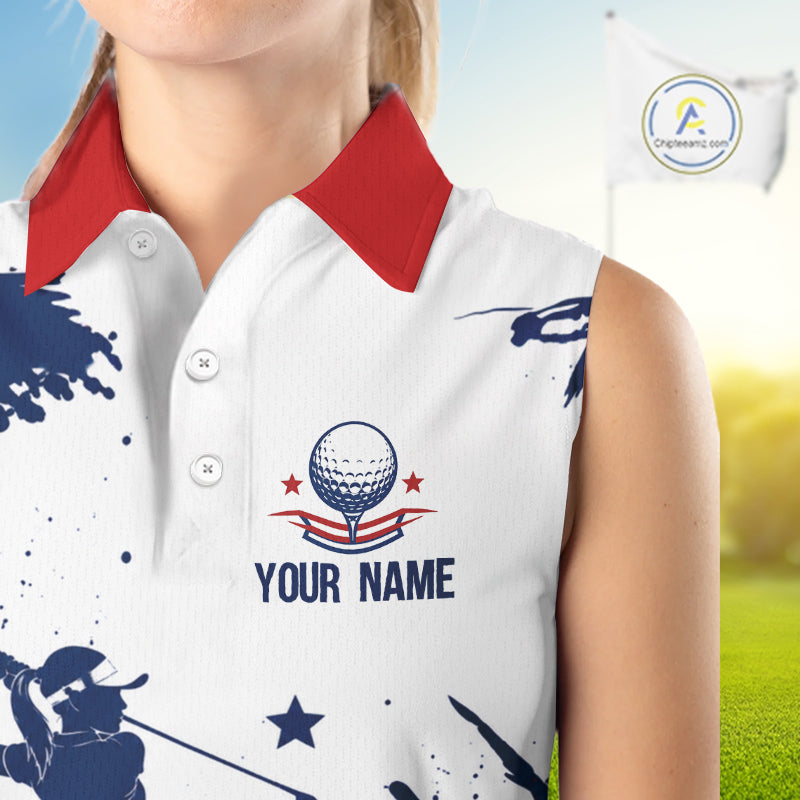 Womens Sleeveless Golf Polo Shirt American Flag Patriotic Custom Name White Tournament Golf Shirt, Golf Gift NBT812