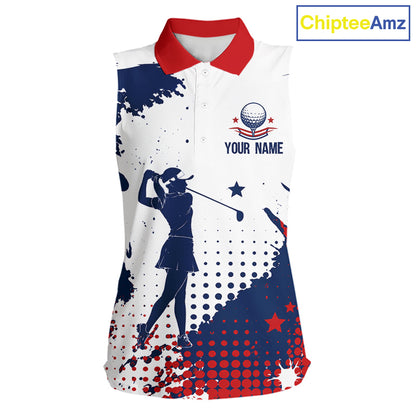 Womens Sleeveless Golf Polo Shirt American Flag Patriotic Custom Name White Tournament Golf Shirt, Golf Gift NBT812