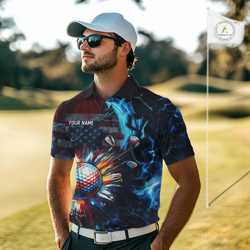 Man wearing a American Flag mens golf polo shirt custom name black patriotic golf shirt on a golf course
