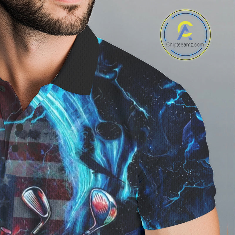 Close-up of American flag graphic on mens black golf polo shirt