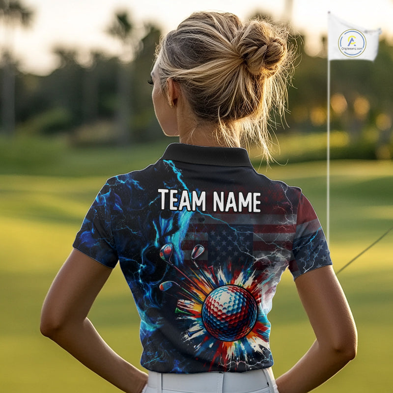 Woman wearing a American Flag womens golf polo shirt with custom name on the back