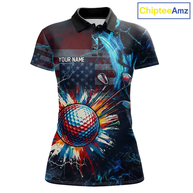 Front view of American Flag womens golf polo shirt custom name black