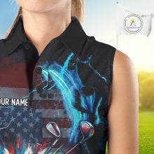 Load image into Gallery viewer, Sleeveless women golf polo black with American Flag patriotic design - front view custom name
