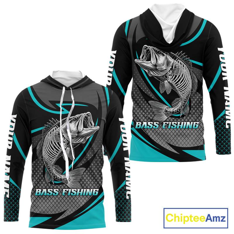 Personalized Bass Hooded Fishing Shirts Long Sleeve Fish Skeleton Custom Fishing Jersey NBT358