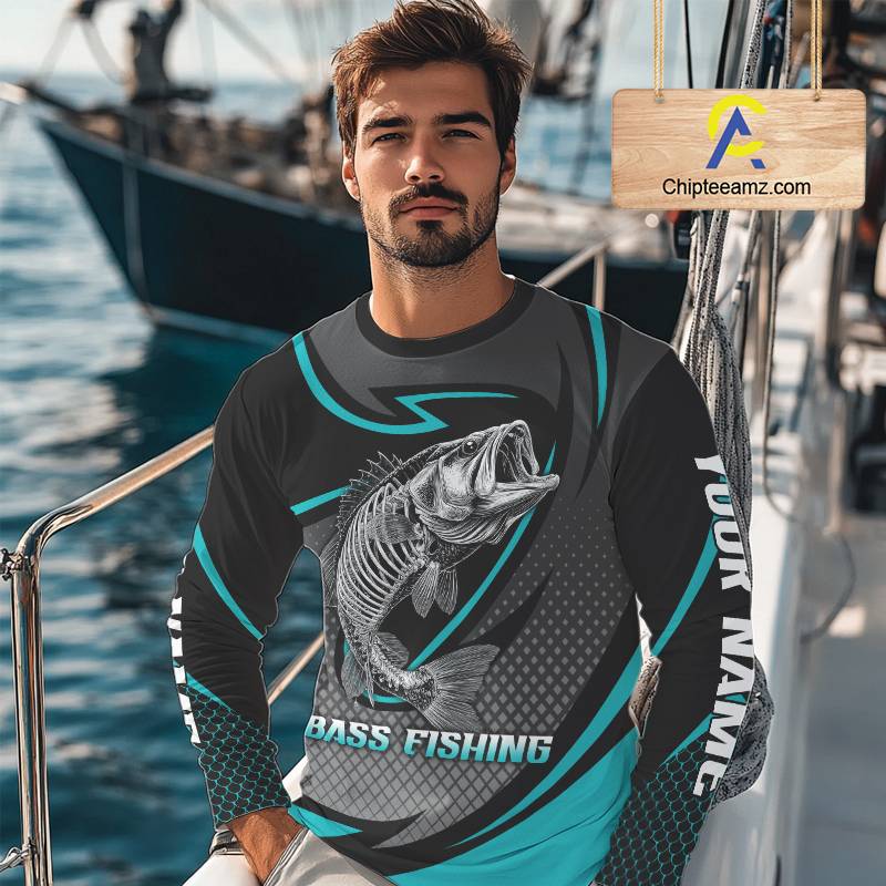 Personalized Bass Fishing Shirts Long Sleeve Fish Skeleton Custom Fishing Jersey NBT358