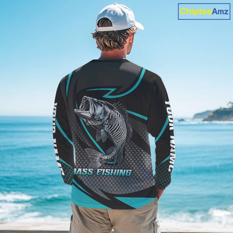 Personalized Bass Fishing Shirts Long Sleeve Fish Skeleton Custom Fishing Jersey NBT358