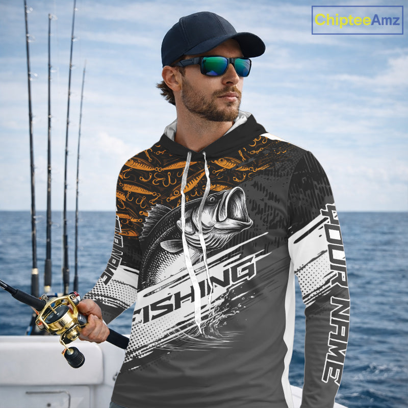 Personalized Bass Fishing Hood Long Sleeve UV Protection Custom Black & Yellow Shirts, Bass Tournament Jerseys NBT359