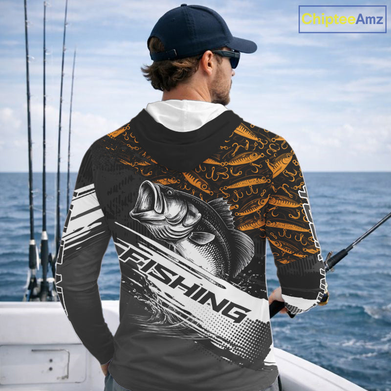 Personalized Bass Fishing Hood Long Sleeve UV Protection Custom Black & Yellow Shirts, Bass Tournament Jerseys NBT359