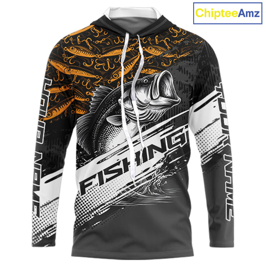 Personalized Bass Fishing Hood Long Sleeve UV Protection Custom Black & Yellow Shirts, Bass Tournament Jerseys NBT359