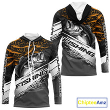 Load image into Gallery viewer, Personalized Bass Fishing Hood Long Sleeve UV Protection Custom Black &amp; Yellow Shirts, Bass Tournament Jerseys NBT359