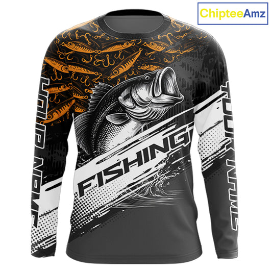 Personalized Bass Fishing Hood Long Sleeve UV Protection Custom Black & Yellow Shirts, Bass Tournament Jerseys NBT359