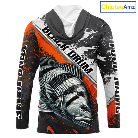 Custom Orange Camo Black Drum Jerseys For Fishing Team Long Sleeve Hooded Fishing Shirts NBT457