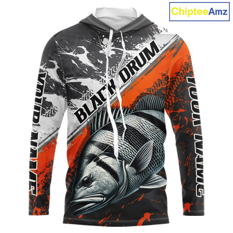 Custom Orange Camo Black Drum Jerseys For Fishing Team Long Sleeve Hooded Fishing Shirts NBT457