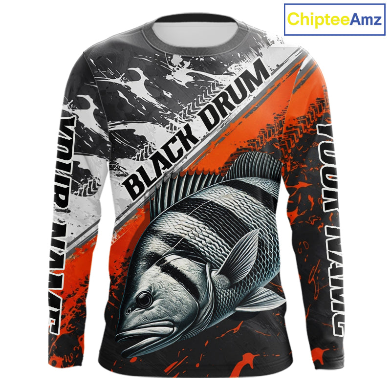 Custom Orange Camo Black Drum Jerseys For Fishing Team Long Sleeve Fishing Shirts NBT457