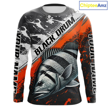 Custom Orange Camo Black Drum Jerseys For Fishing Team Long Sleeve Fishing Shirts NBT457