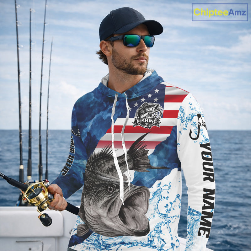 Blue Camo Bass Fishing American Flag Fishing Shirt, Bass Fishing Shirts Long Sleeve with Hood NBT458