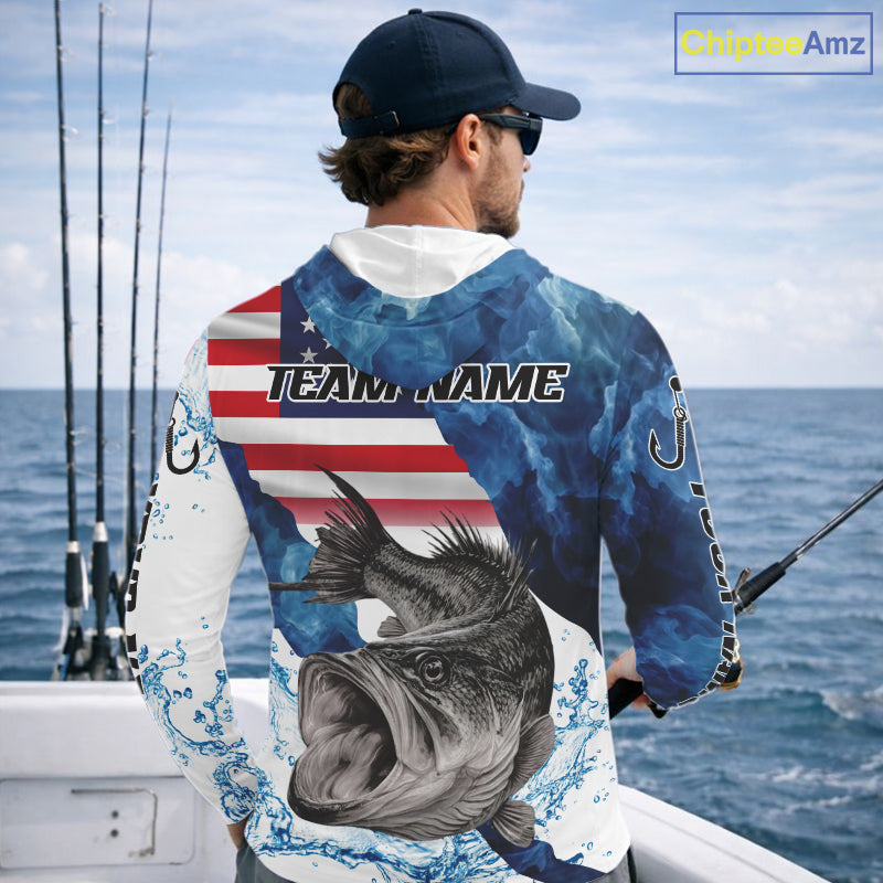 Blue Camo Bass Fishing American Flag Fishing Shirt, Bass Fishing Shirts Long Sleeve with Hood NBT458