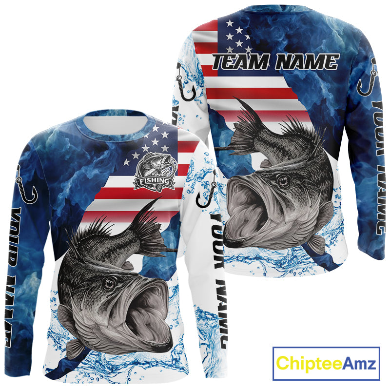 Blue Camo Bass Fishing American Flag Fishing Shirt, Bass Fishing Shirts Long Sleeve NBT458