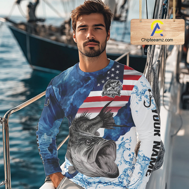 Blue Camo Bass Fishing American Flag Fishing Shirt, Bass Fishing Shirts Long Sleeve NBT458