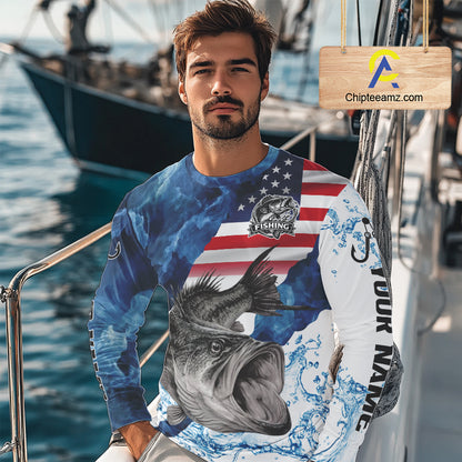 Blue Camo Bass Fishing American Flag Fishing Shirt, Bass Fishing Shirts Long Sleeve NBT458