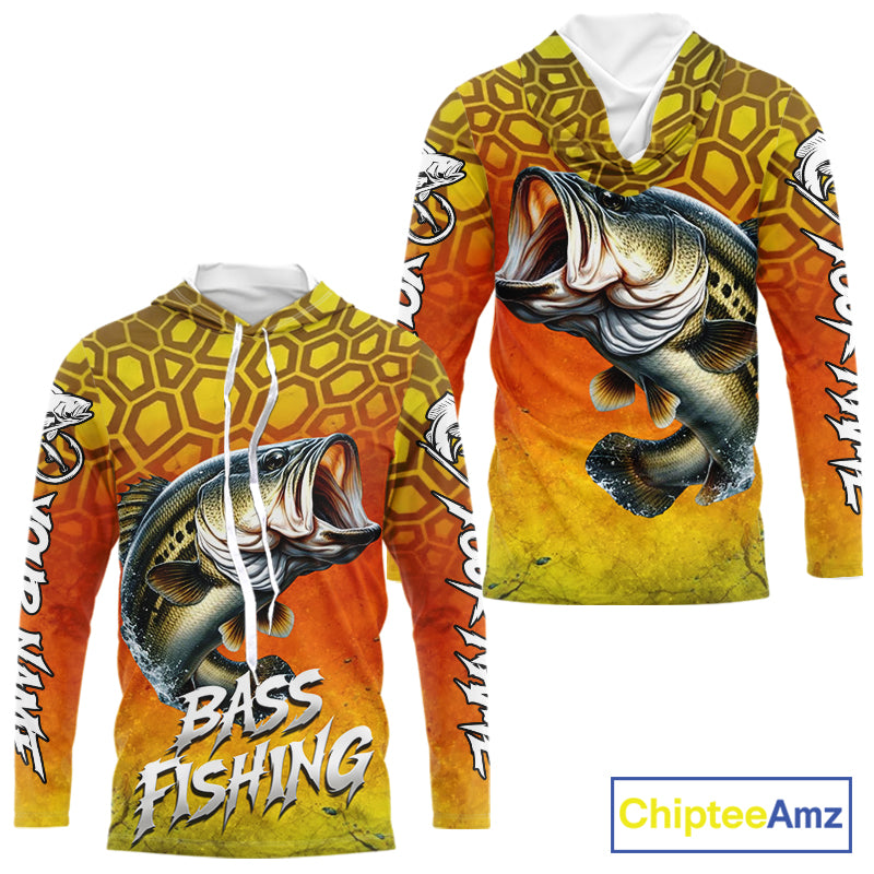 Personalized Bass Fishing Long Sleeve Hooded Fishing Shirt Yellow Camo, Bass Fishing Shirts NBT459