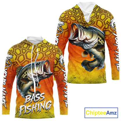Personalized Bass Fishing Long Sleeve Hooded Fishing Shirt Yellow Camo, Bass Fishing Shirts NBT459