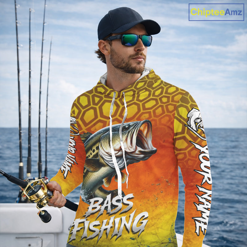 Personalized Bass Fishing Long Sleeve Hooded Fishing Shirt Yellow Camo, Bass Fishing Shirts NBT459