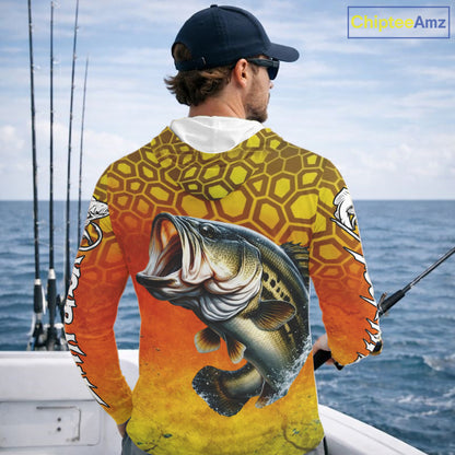 Personalized Bass Fishing Long Sleeve Hooded Fishing Shirt Yellow Camo, Bass Fishing Shirts NBT459