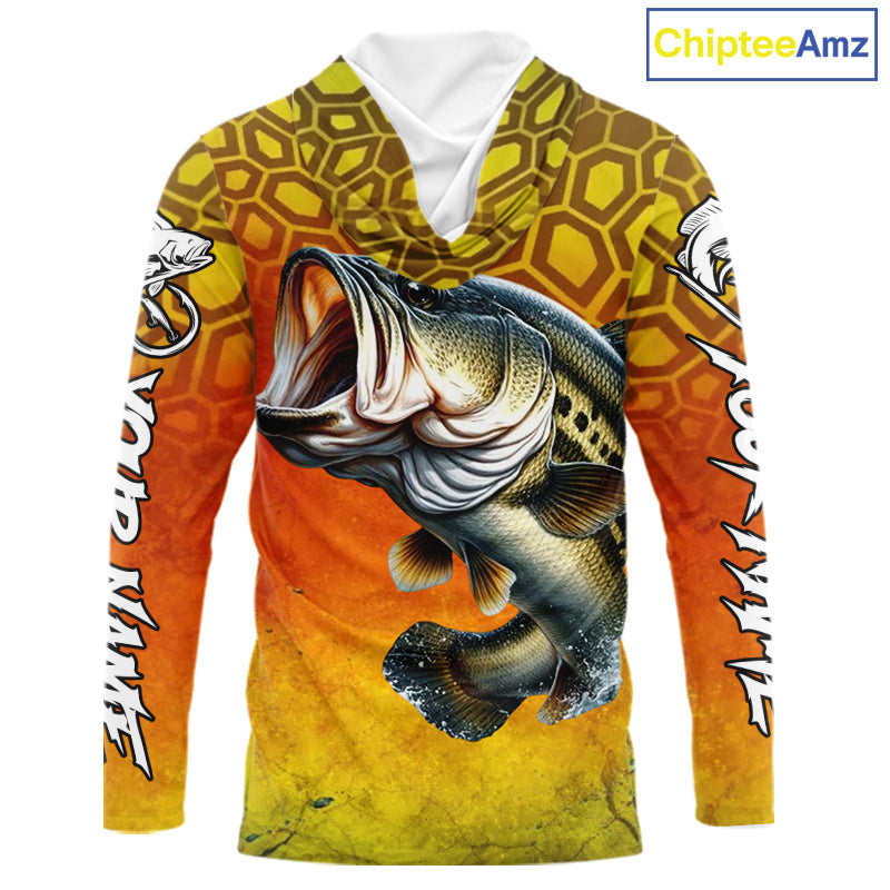Personalized Bass Fishing Long Sleeve Hooded Fishing Shirt Yellow Camo, Bass Fishing Shirts NBT459