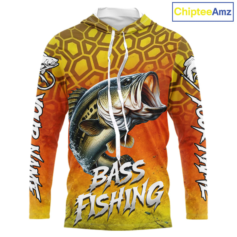 Personalized Bass Fishing Long Sleeve Hooded Fishing Shirt Yellow Camo, Bass Fishing Shirts NBT459